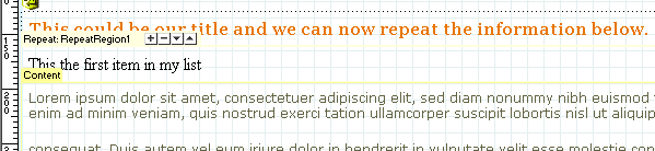 A page derived from a template has Repeat Region is indicated by a tab with controls.